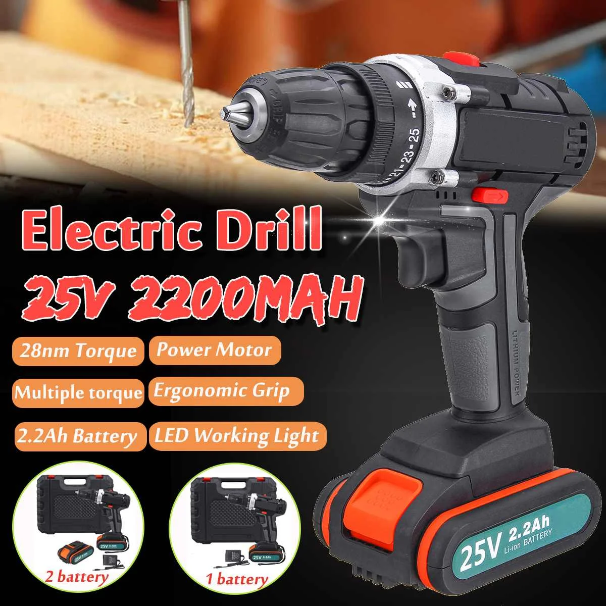 25V Electric Drill High Power Electric Screwdriver Cordless Impact Drills Driver DC Motor 1/2 2x2.2Ah Lithium Battery Household
25V Electric Drill High Power Electric Screwdriver Cordless Impact Drills Driver DC Motor 1/2 2x2.2Ah Lithium Battery Household