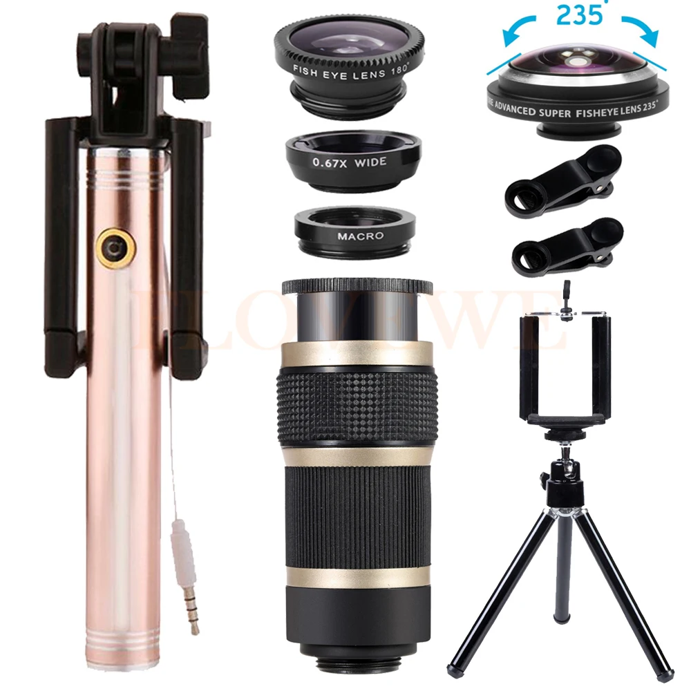 

235 degrees Fisheye Lentes 8X Telephoto Zoom Telescopic Lens Wide Angle Macro Lenses For iPhone 7 6 5 Smartphone Tripod Monopod