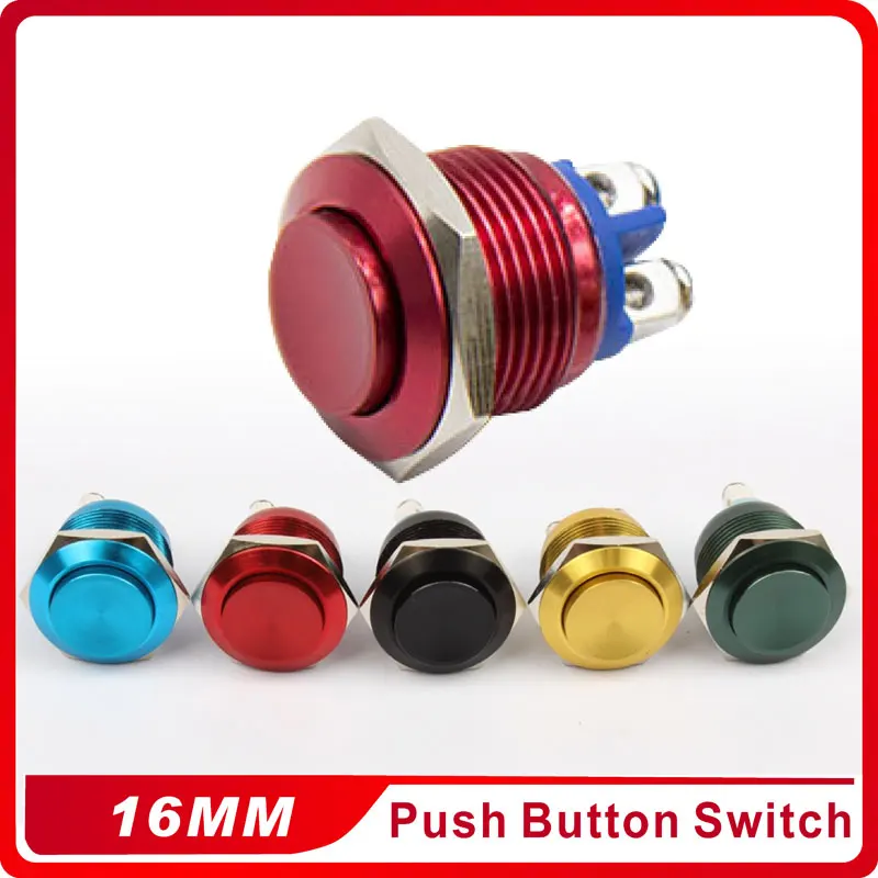 

16mm Metal Oxidized Push Button Switch High Round 1NO Reset Press Button Screw Terminal Momentary Red Black Blue Gold Green