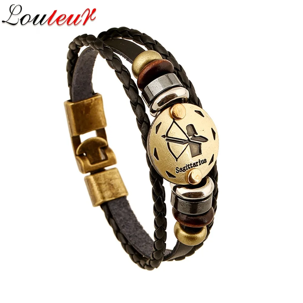 LOULEUR Gemini Scorpio Virgo Libra Aries Zodiac Taurus Bracelet for Men Women Geniune Braided Leather Jewelry | Украшения и