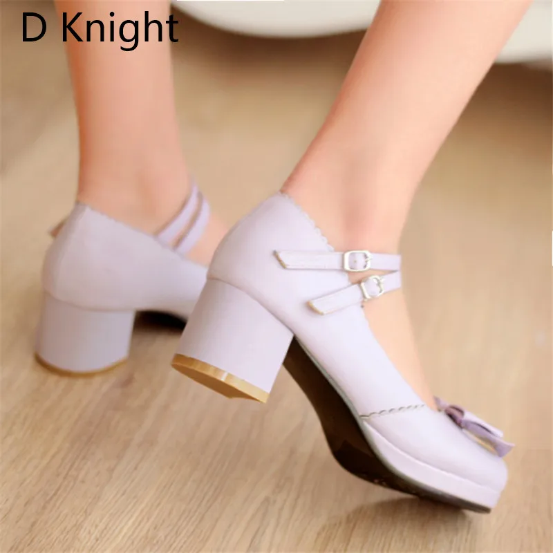 Sweet Bowtie Women High Heels Pumps Fashion Square Heels Buckle Straps Cosplay Maid Shoes Kawaii Princess Lolita Shoes For Girls (3)