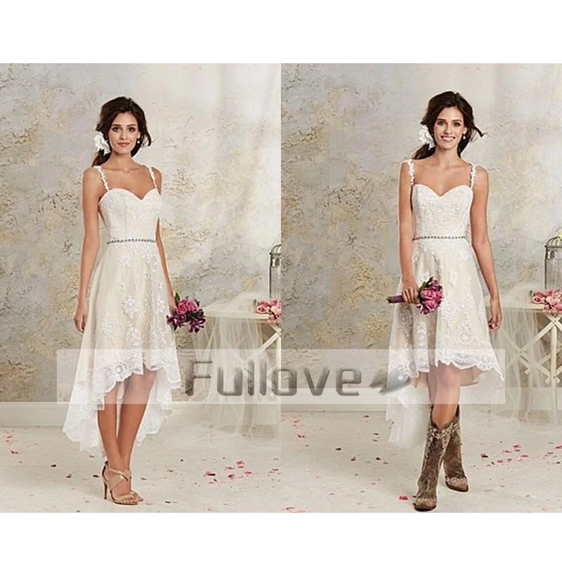 Beach High Low Lace Short Wedding Dresses Sexy Spaghetti Straps Sweetheart Bridal Dress With Crystal Sashes Vestido De Noiva
Beach High Low Lace Short Wedding Dresses Sexy Spaghetti Straps Sweetheart Bridal Dress With Crystal Sashes Vestido De Noiva