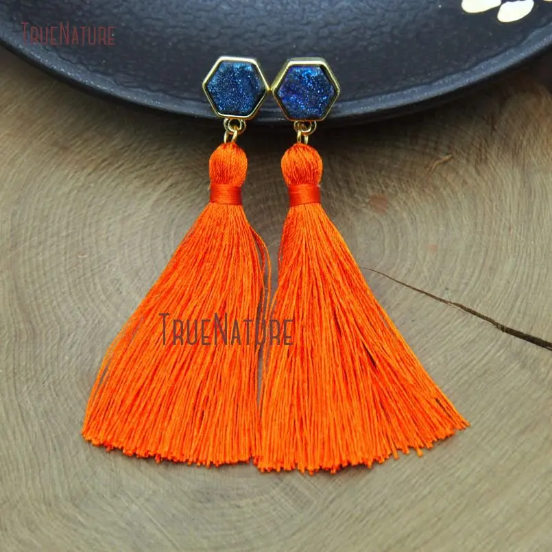Gorgeous New Orange Silk Stud Tassel Earrings Hexagonal Shape Drusy Rainbow Charm Gold Copper Earring 3.5 inch ER9230
Gorgeous New Orange Silk Stud Tassel Earrings Hexagonal Shape Drusy Rainbow Charm Gold Copper Earring 3.5 inch ER9230