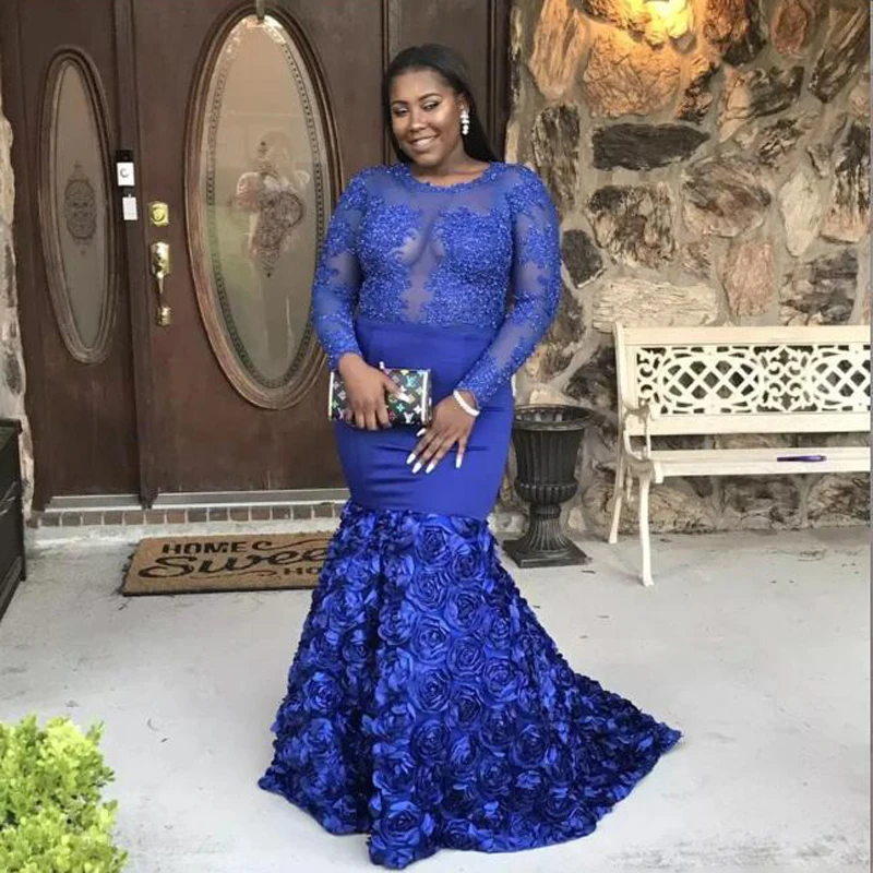 Plus Size Royal Blue Mermaid Prom Gowns Long Sleeve 3D Rose Flower Train Africa Women Formal Dress 2018 Evening Party Wear
Plus Size Royal Blue Mermaid Prom Gowns Long Sleeve 3D Rose Flower Train Africa Women Formal Dress 2018 Evening Party Wear