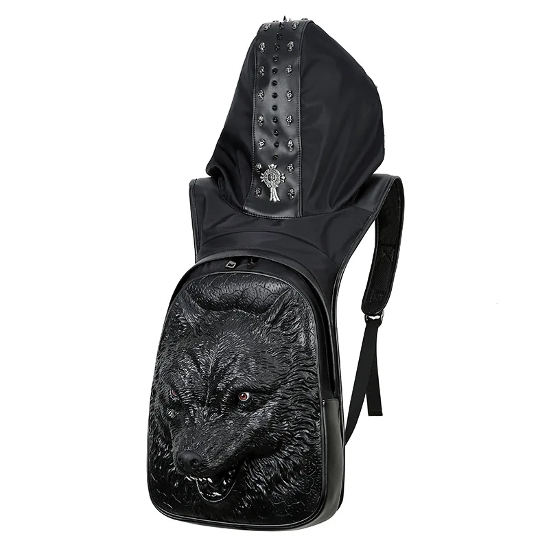 New Hooded Black/Gold/Silver Arrogant Embossing 3D Wolf Head Backpack for Men Fashion Male Casual Hooded Rucksack with A Hood
New Hooded Black/Gold/Silver Arrogant Embossing 3D Wolf Head Backpack for Men Fashion Male Casual Hooded Rucksack with A Hood