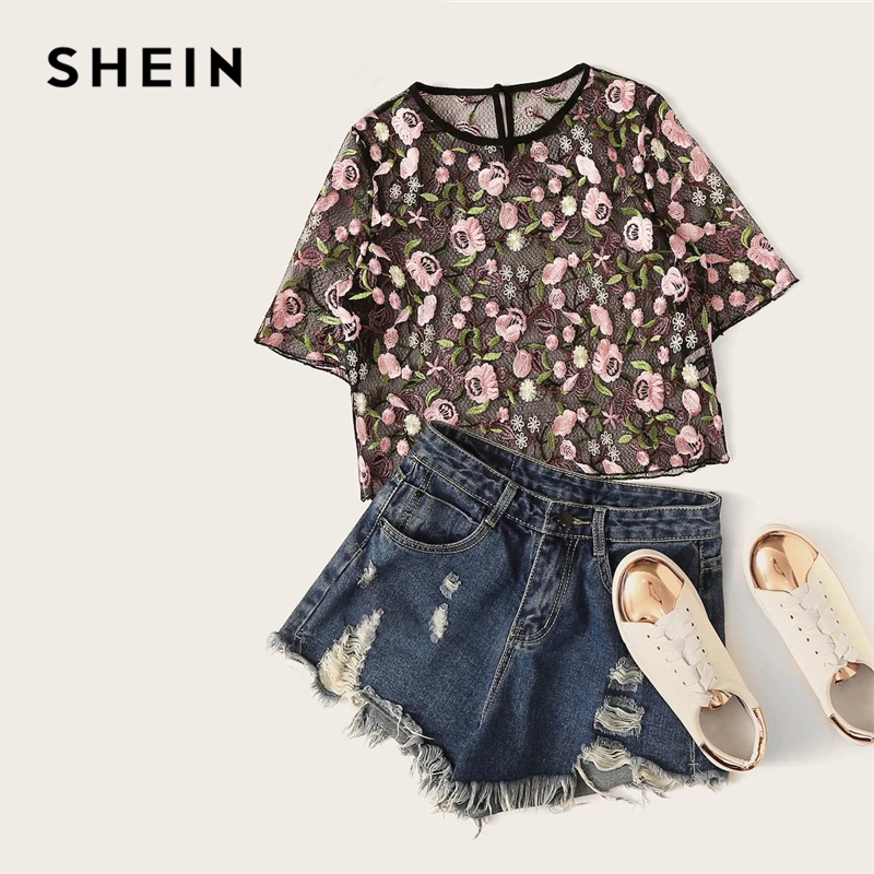 SHEIN Black Floral Embroidered Mesh Crop Top Morden Lady Sexy Round Neck Short Sleeve Blouse Women Spring Elegant Blouses
SHEIN Black Floral Embroidered Mesh Crop Top Morden Lady Sexy Round Neck Short Sleeve Blouse Women Spring Elegant Blouses