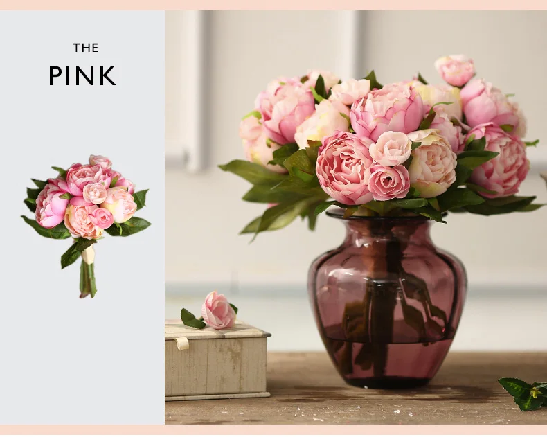 artificial silk peonies pink bridal bouquet fake flower (15)