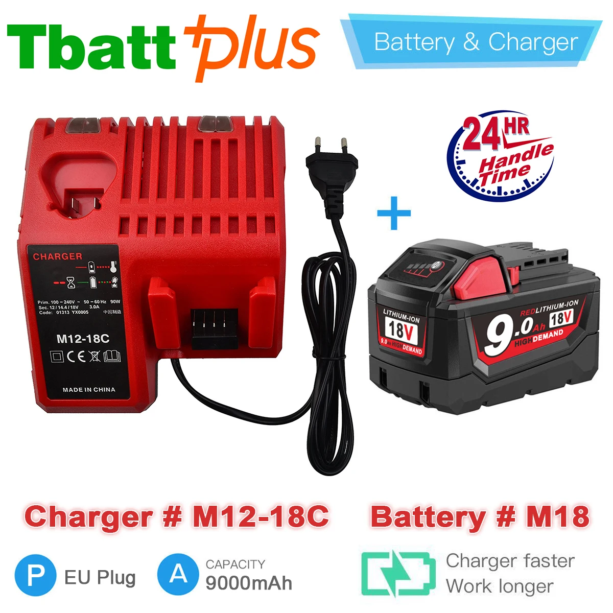 Replacement Milwaukee M18 HIGH DEMAND 9.0 Battery 48-11-1890 Charger Milwaukee M12-18C charger 
Replacement Milwaukee M18 HIGH DEMAND 9.0 Battery 48-11-1890 Charger Milwaukee M12-18C charger