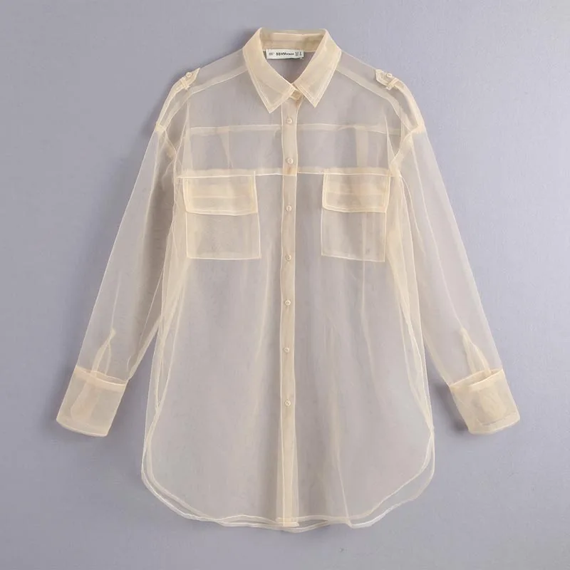CS949 Women Turn Down Collar Pockets Deco Long Sleeve Khaki Mesh Blouse Lace Voile Shirts Tops
CS949 Women Turn Down Collar Pockets Deco Long Sleeve Khaki Mesh Blouse Lace Voile Shirts Tops