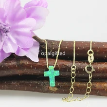 1pc/lot 2023 Fashion 925 Silver gold color Box Chain Necklace Synthetic OP11 kiwi green 9*12mm Cross Opal Necklace free shipping