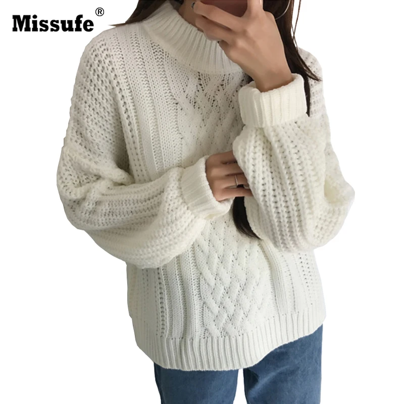 Image Missufe Winter Basic White Pullover Knitted Warm Sweater 2017 Casual Batwing Down Sleeve Women Jumper Streetwear Tops
