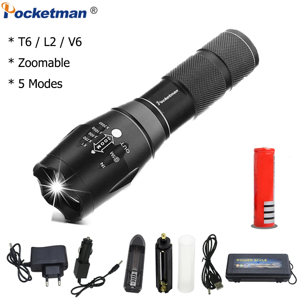 

XPL-T6/L2/V6 LED Flashlight Zoomable led torch for 18650/AAA battery Waterproof linterna led flashlights for Camping