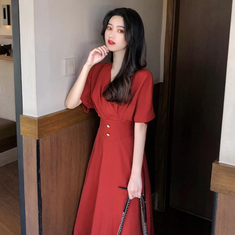 Female Casual Solid Dress Women Summer Temperament High Waist Dress V-neck Sweet Ladies Chic Button A-line Knee-Length Dress
Female Casual Solid Dress Women Summer Temperament High Waist Dress V-neck Sweet Ladies Chic Button A-line Knee-Length Dress