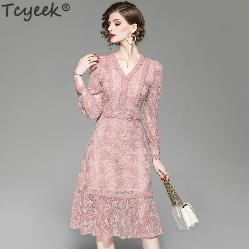 Женское кружевное платье Tcyeek Элегантное длинное черно-розовое в европейском и