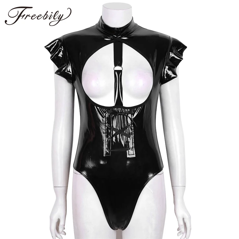 Sexy Women One-piece Wetlook Patent Leather Latex Catsuit Erotic Leotard Costumes High Neck Open Bust Teddy Bodysuit Clubwear
Sexy Women One-piece Wetlook Patent Leather Latex Catsuit Erotic Leotard Costumes High Neck Open Bust Teddy Bodysuit Clubwear
