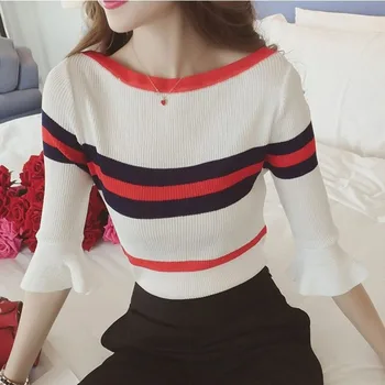 Women Striped Flare Sleeve Pullover Sweater Ladies Slash Neck Half Sleeve Sweaters Femme 2018 Korean Style Knit Basic Sweaters 
Women Striped Flare Sleeve Pullover Sweater Ladies Slash Neck Half Sleeve Sweaters Femme 2018 Korean Style Knit Basic Sweaters