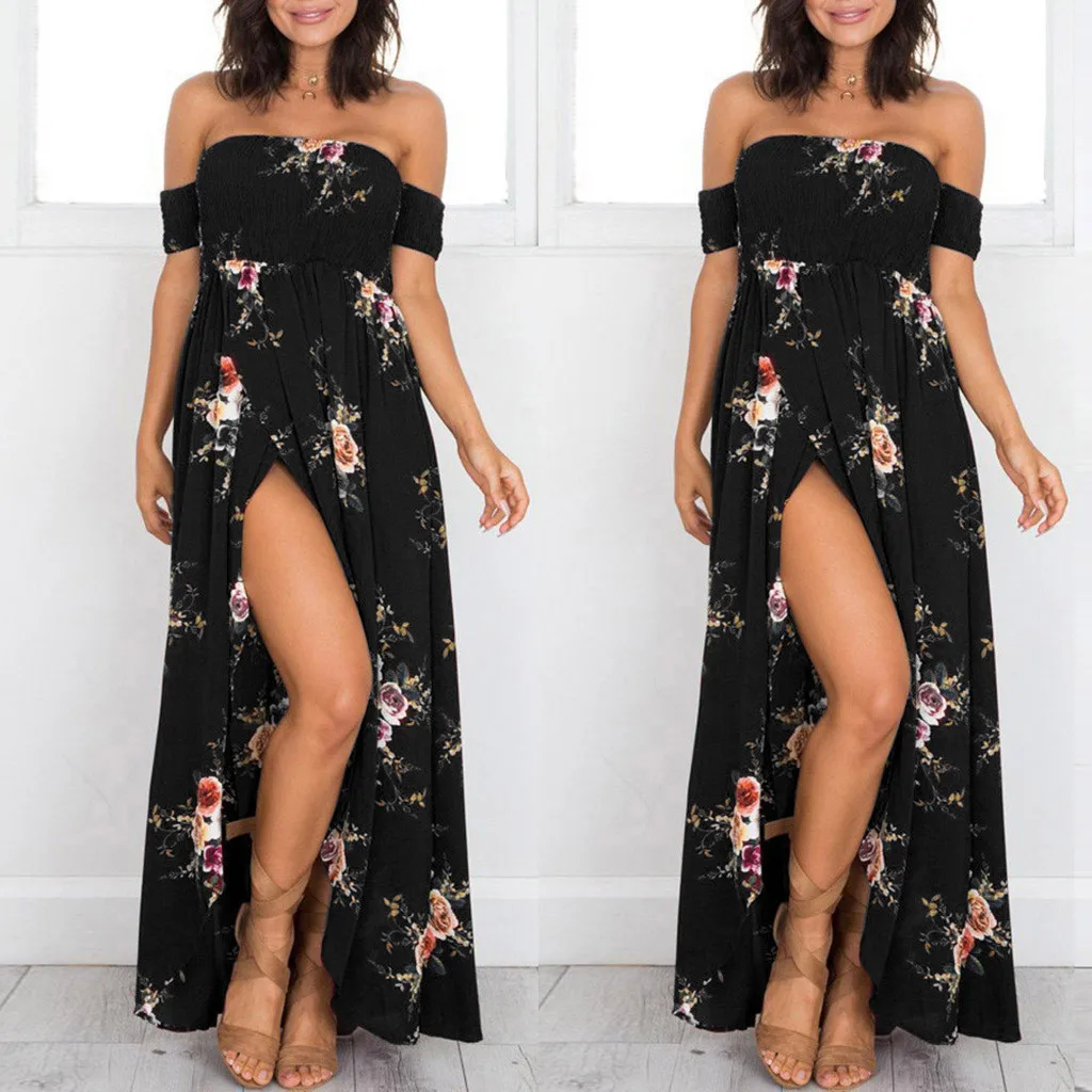 Womail Bohemian Polyester Material Floral Printed Slash Neck Fashion Summer Hot Sale Casual Off Shoulder Dress Women 19APR02