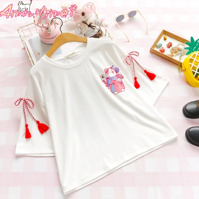 2019 Summer Women Cotton Cartoon T shirt Japanese Mori Girl Cute Cat Print Bow Tassel O-neck Short Sleeve T-shirt Female Tee Top
2019 Summer Women Cotton Cartoon T shirt Japanese Mori Girl Cute Cat Print Bow Tassel O-neck Short Sleeve T-shirt Female Tee Top