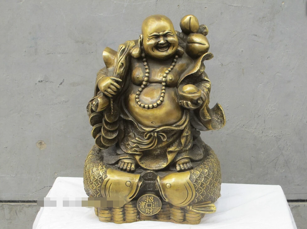 14"Chinese Geomancy Brass gilt maitreya buddha MI-LO-FO pedal Two fish money St
14"Chinese Geomancy Brass gilt maitreya buddha MI-LO-FO pedal Two fish money St