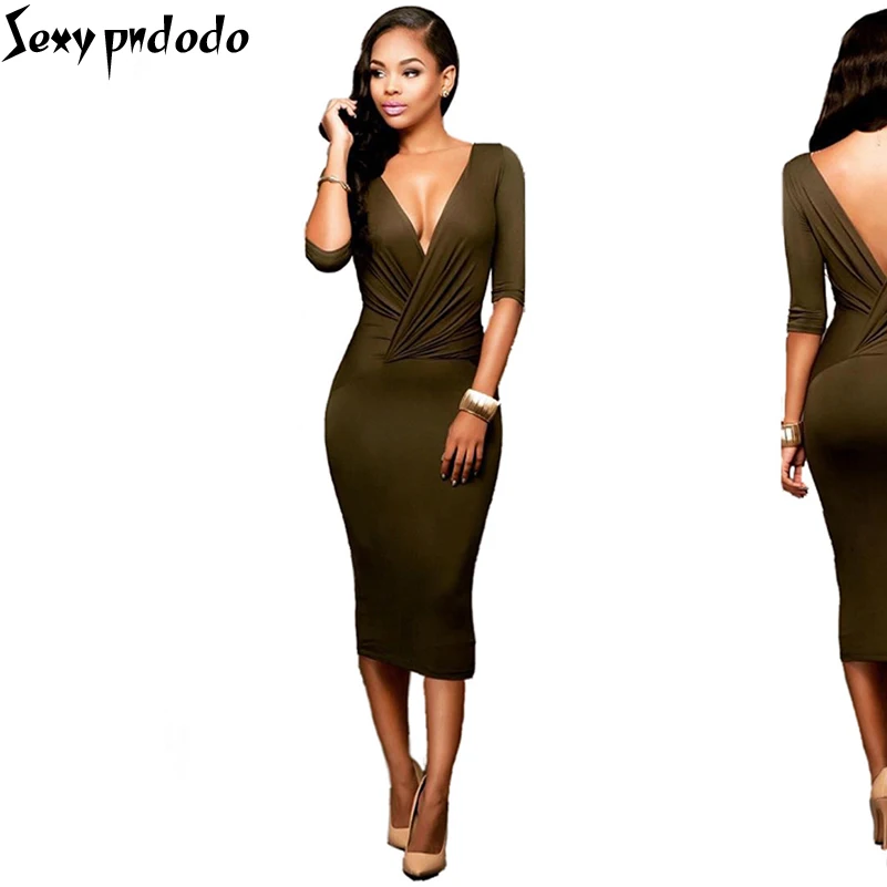 Women Midi Dress 2016 Summer Dresses Brand Plus Size Casual Female Clothing Evening Party Dresses V-Neck Back Sexy vestidos NEW