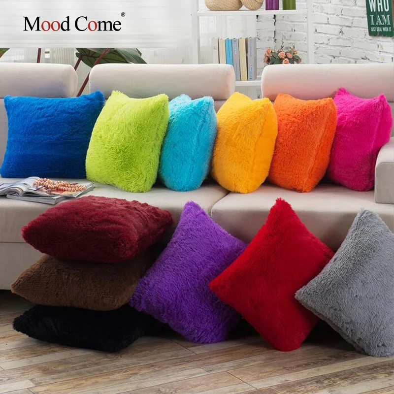 Image Soft Shaggy Sofa Cushion Cover Solid Color Throw Pillow Covers Cushion Case Decorative Pillow Case Plain Blue Red Coffee 45x45