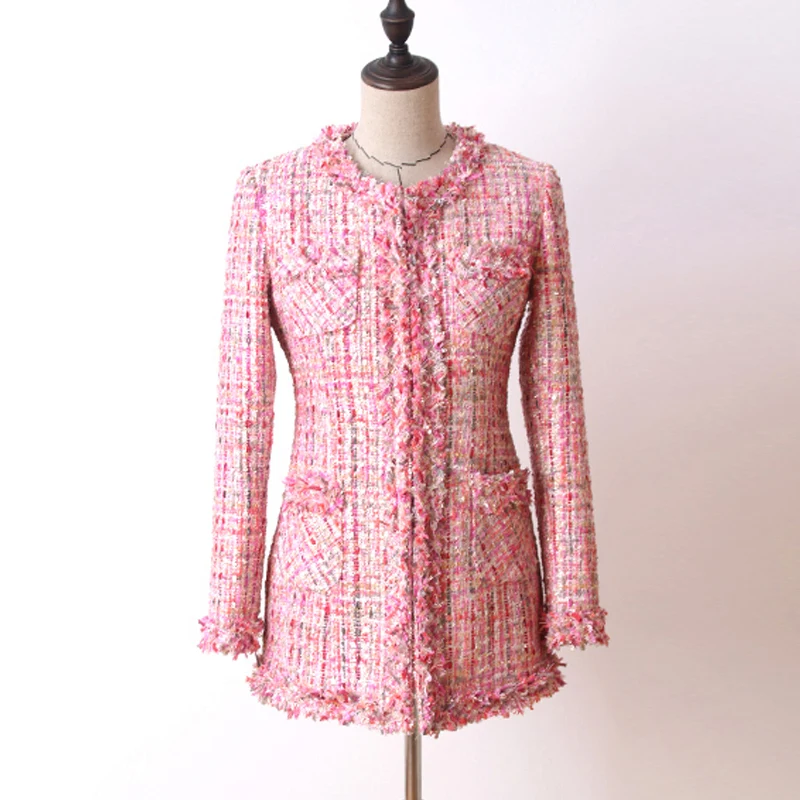 

Pink sequin tweed jacket in the long section 2020 autumn/winter Women's coat jacket Haute Couture ladies coat