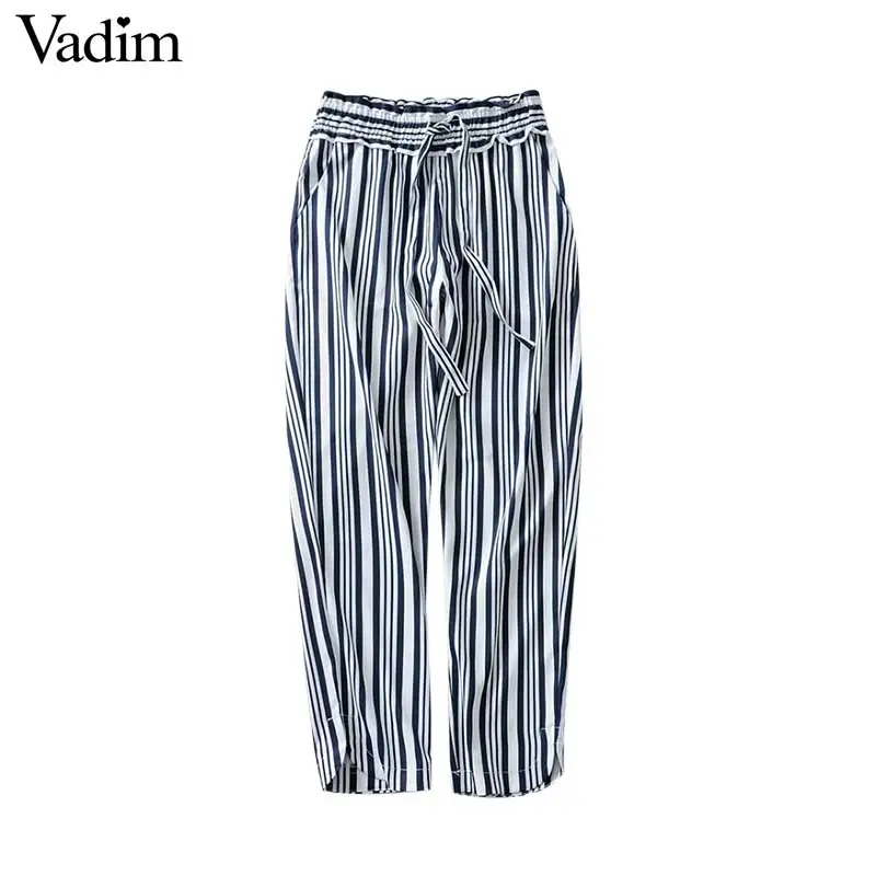 Vadim women elegant striped pants elastic waist drawstring tie pockets female office wear ankle length trousers pantalones KA659
Vadim women elegant striped pants elastic waist drawstring tie pockets female office wear ankle length trousers pantalones KA659