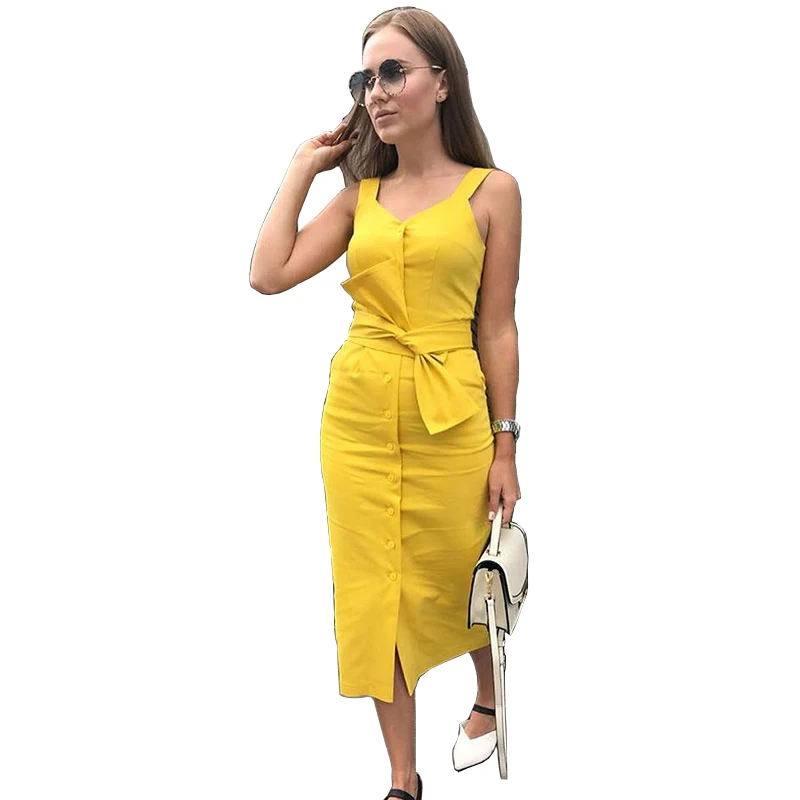Dress Summer 2019 Botton Bow New Fashion Sleeveless Streetwear Casual Slim Dress Knee Length Red Yellow Black Dress Vestidos
Dress Summer 2019 Botton Bow New Fashion Sleeveless Streetwear Casual Slim Dress Knee Length Red Yellow Black Dress Vestidos