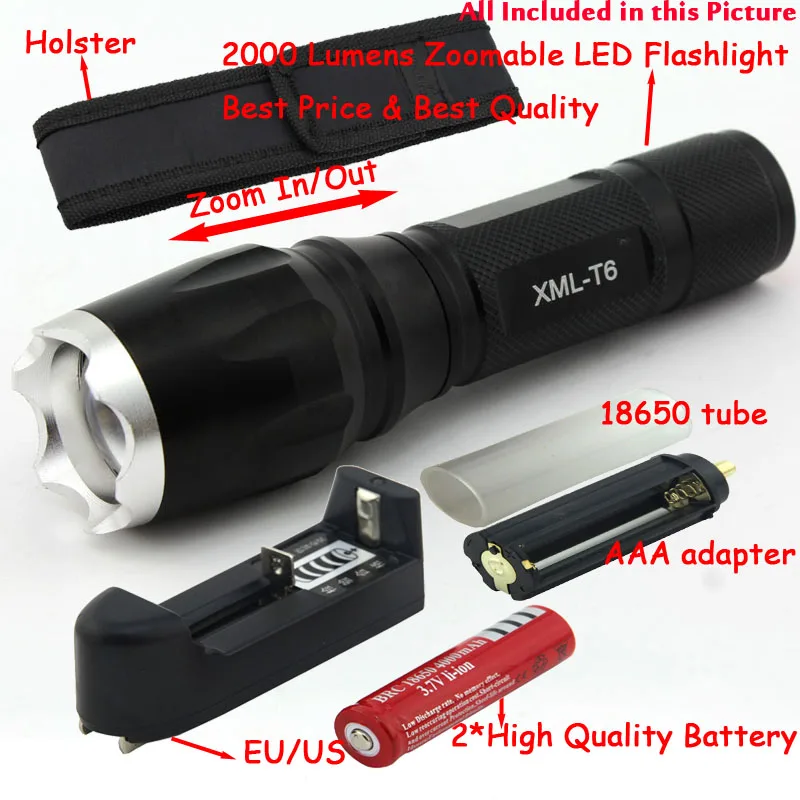 2000 LM 7 MODE Zoomable XM-L T6 LED 18650 AAA Flashlight Torch Zoom Lamp Light + Rechargeable battery + Charger + Holster
2000 LM 7 MODE Zoomable XM-L T6 LED 18650 AAA Flashlight Torch Zoom Lamp Light + Rechargeable battery + Charger + Holster