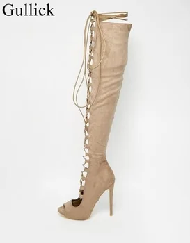 

Taupe Suede Lace-up Strappy Over The Knee Boots Peep Toe Cut-out Gladiator Sandals Boots For Women High Heel Dress Shoes Size 10