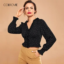 Блузка с длинным рукавом COLROVIE черная блузка оборками в горошек