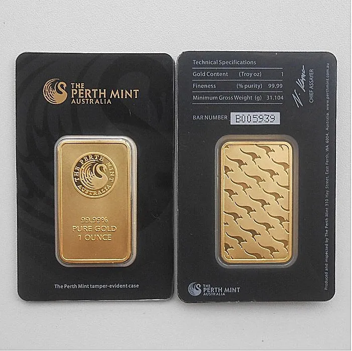 1 Oz Troy 99.99% The Perth Mint Pure Gold Plated Replica Souvenir Gold Bar, high quality, 3/5/10/15pcs/lot, free shipping
1 Oz Troy 99.99% The Perth Mint Pure Gold Plated Replica Souvenir Gold Bar, high quality, 3/5/10/15pcs/lot, free shipping