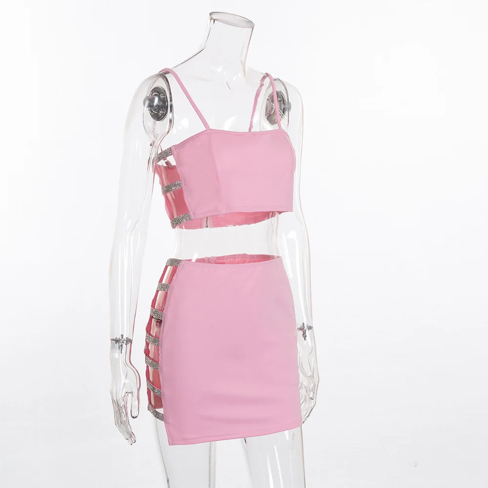 FREE SHIPPING Two Piece Set Diamond Sequin Hollow Crop Top and Skirt Short JKP1165