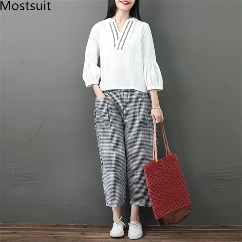 Spring Summer Cotton Linen 2 Piece Sets Women V-neck Blouses And Plaid Wide Leg Pants Suits Casual Loose Fashion Women's Sets
Spring Summer Cotton Linen 2 Piece Sets Women V-neck Blouses And Plaid Wide Leg Pants Suits Casual Loose Fashion Women's Sets