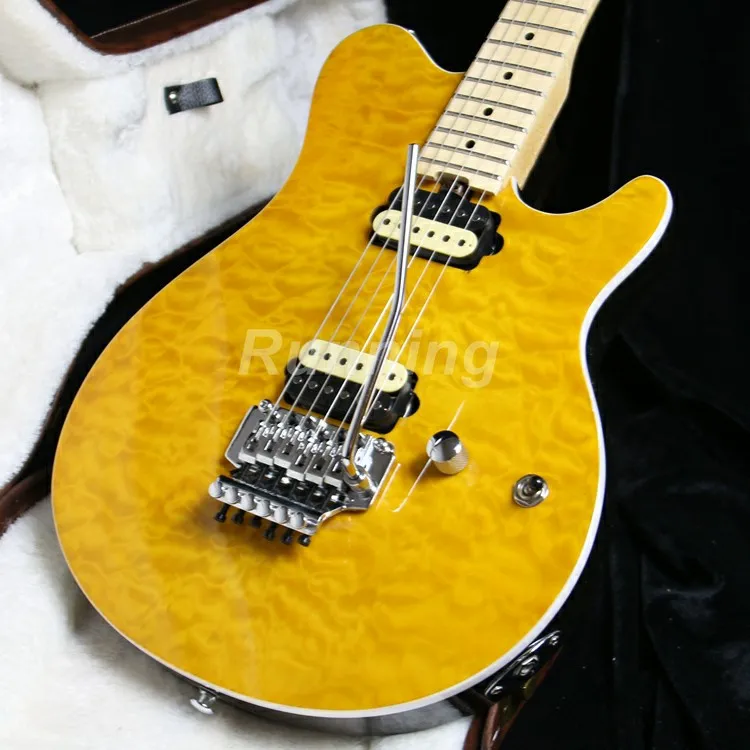 Hot selling transparent yellow quilted maple top electric guitar zebra HH pickups chrome hardware guitar free shipping
Hot selling transparent yellow quilted maple top electric guitar zebra HH pickups chrome hardware guitar free shipping