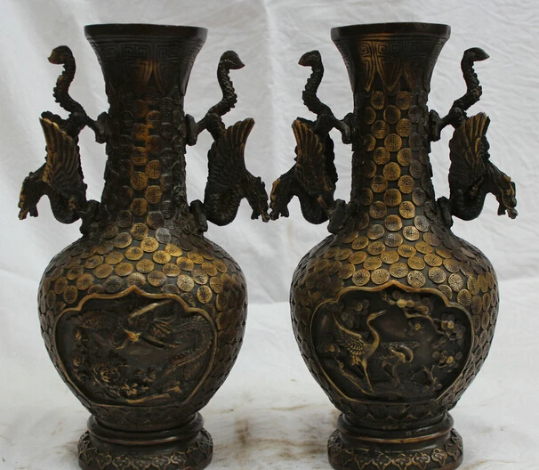 JP S0524 10 Marked China Chinese Copper dragon and phoenix crane flower Bottle vase pair
JP S0524 10 Marked China Chinese Copper dragon and phoenix crane flower Bottle vase pair