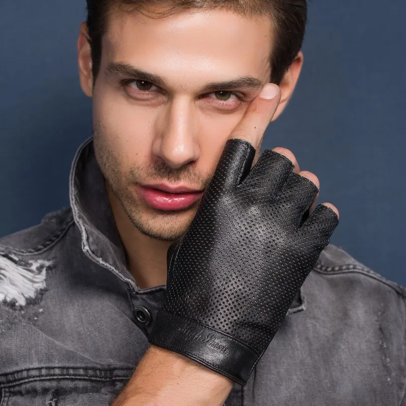 

Genuine Leather Half Finger Gloves Men Summer Breathable Driving Semi-Finger Male Sheepskin Glove Unlined Fitness