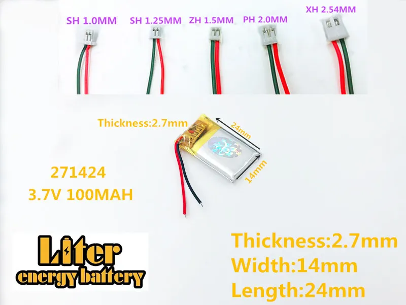 3.7 V lithium polymer batteries, 271424 100mah MP3 MP4 small toys 271424 plug rechargeable battery 
3.7 V lithium polymer batteries, 271424 100mah MP3 MP4 small toys 271424 plug rechargeable battery