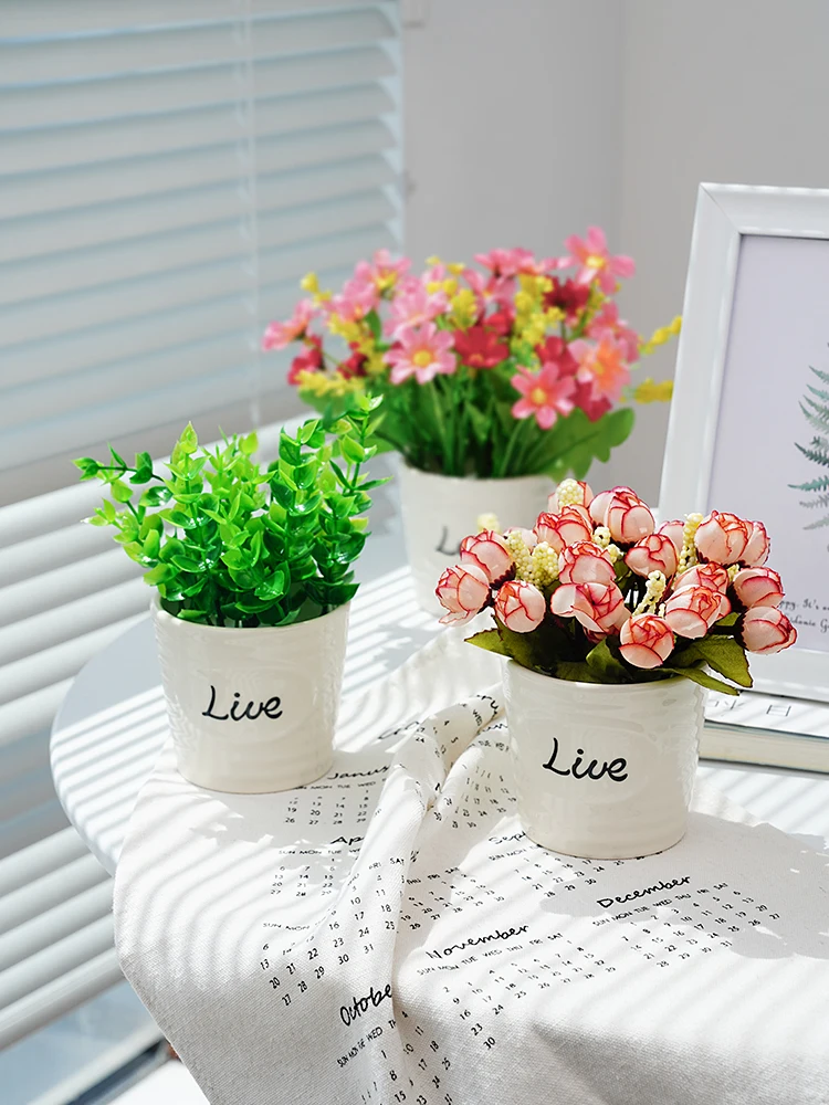 Mini Artificial Flower Rose Eucalyptus Potted for Home Bedroom DIY Decoration Beauty Photo Photography Background Backdrop Props |