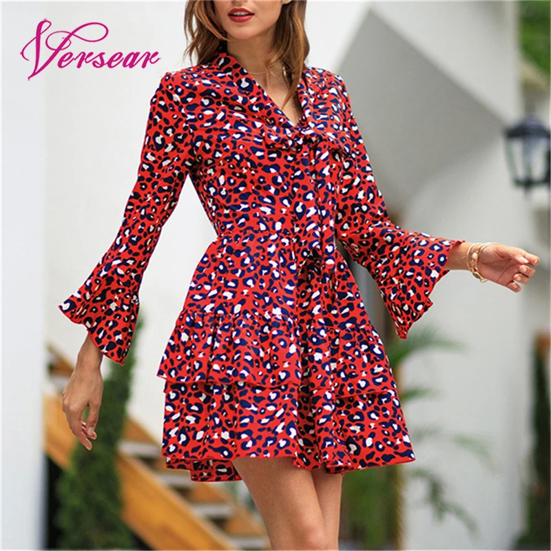Versear Women Leopard Print Dress V Neck Bow Tie Long Flare Sleeve Spliced Ruffle Party Mini Dress Sexy Autumn Fashion OL Dress
Versear Women Leopard Print Dress V Neck Bow Tie Long Flare Sleeve Spliced Ruffle Party Mini Dress Sexy Autumn Fashion OL Dress