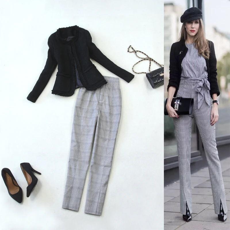 Large size women's 2018 autumn and winter woolen fragrance black coat top straight pants thick plaid suit
Large size women's 2018 autumn and winter woolen fragrance black coat top straight pants thick plaid suit