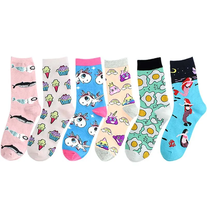 

Harajuku Cartoon Animal Funny Socks Food Cute Mermaid Unicorn Poop Ice Cream Pattern Socks Women Creative Skateboard Crazy Socks