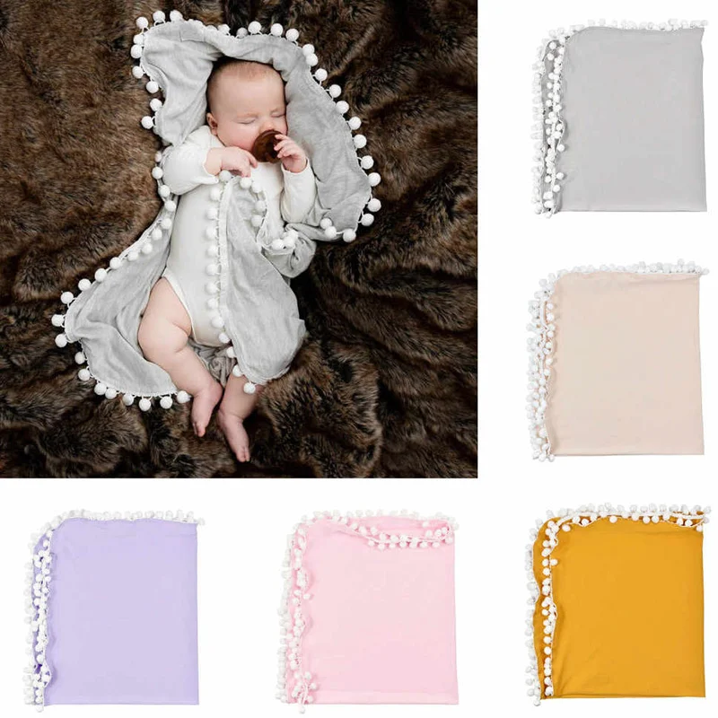 Cotton Swaddle Wrap Pom Baby Muslin Blankets Pure Color Light Tassel Swaddlewrap Bed Bath Soft | Мать и ребенок