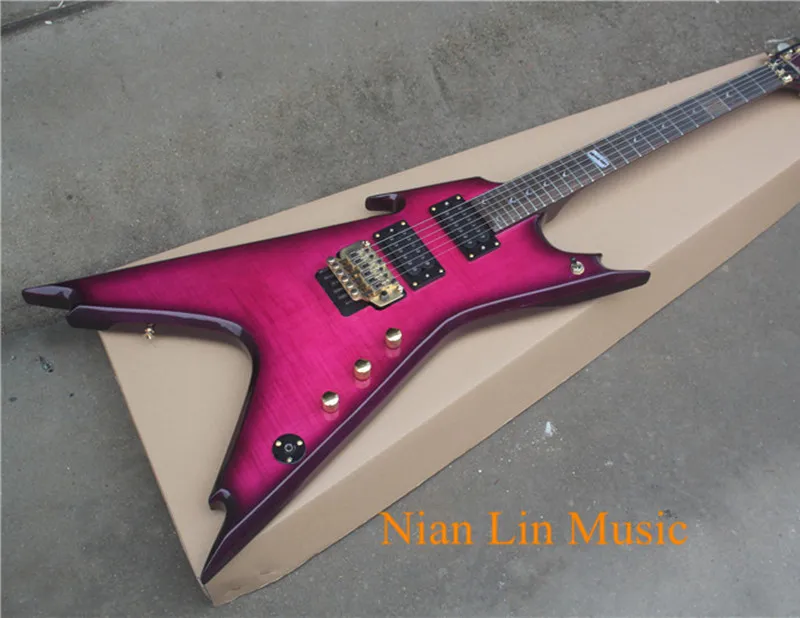 6-String Electric Guitar,Purple Color Body with Flame Maple Veneer,24 Frets,Gold Hardware,2 Open Pickups and can be Customized
6-String Electric Guitar,Purple Color Body with Flame Maple Veneer,24 Frets,Gold Hardware,2 Open Pickups and can be Customized