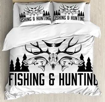 Hunting Decor Duvet Cover Set Hunting and Fishing Vintage Emblem Design Antler Horns Mallard Pine Tree Bedding Set Black White
Hunting Decor Duvet Cover Set Hunting and Fishing Vintage Emblem Design Antler Horns Mallard Pine Tree Bedding Set Black White