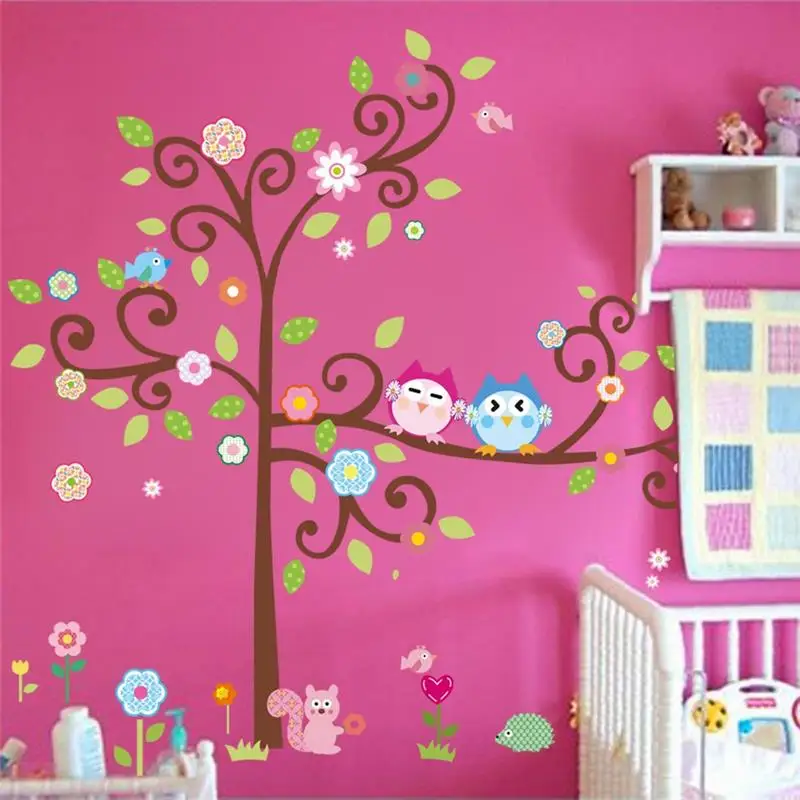 Kawaii Buhos Pegatinas De Pared De Arbol Para Ninos Habitaciones De Guarderia Casa Decoracion De Calcomanias Para Pared De Animales Pvc Arte Mural Bricolaje Carteles Arbol De Etiqueta De La Pared Etiqueta Para La