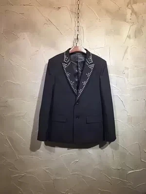 

luxury rivet beading mens stage performance black tuxedo jacket only jacket /Asia size