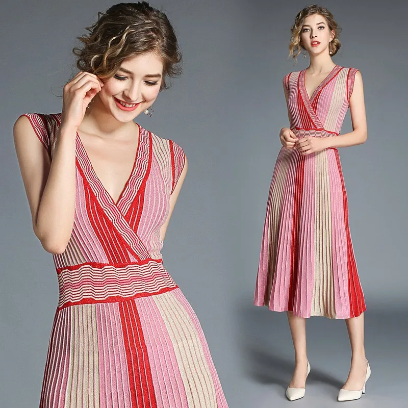 2019 New Runway Designer Women High-end Deep V Neck Dress Summer Sleeveless Kniting Female Sexy dresses Vestidos
2019 New Runway Designer Women High-end Deep V Neck Dress Summer Sleeveless Kniting Female Sexy dresses Vestidos