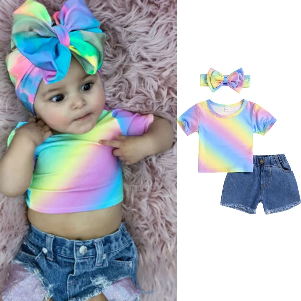 Kids Baby Girls Outfits Set Toddler Rainbow Print Tshirt Tops Short Pants Short Hairband Summer Girl Clothing Roupa Infanil Sets
Kids Baby Girls Outfits Set Toddler Rainbow Print Tshirt Tops Short Pants Short Hairband Summer Girl Clothing Roupa Infanil Sets
