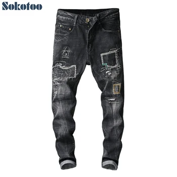 Sokotoo Men's patches embroidery black denim ripped jeans Patchwork holes slim straight pants
Sokotoo Men's patches embroidery black denim ripped jeans Patchwork holes slim straight pants